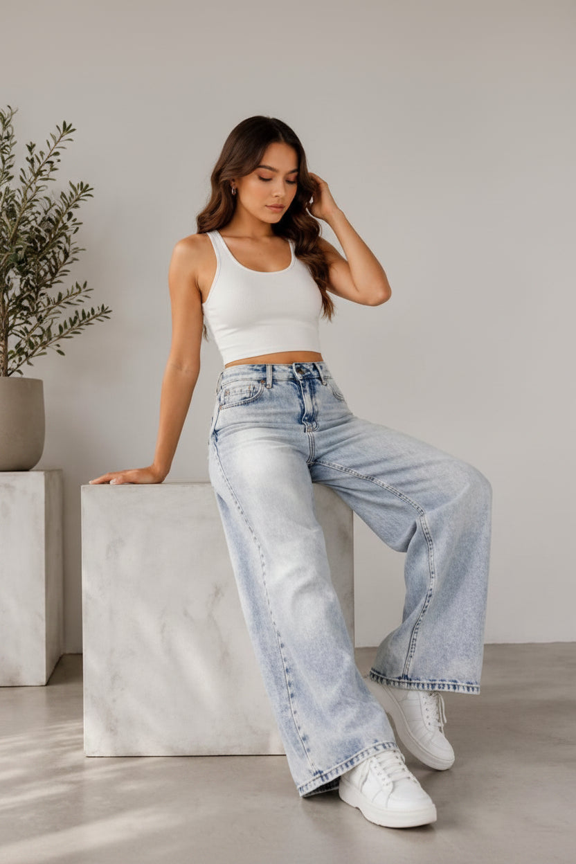 Light Blue Faded Wash Wide Leg